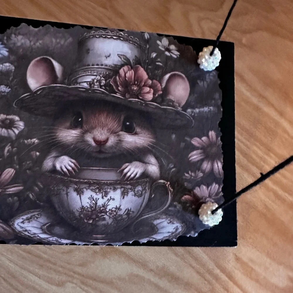 Handmade hanging display shelf with vintage mouse and teacup art